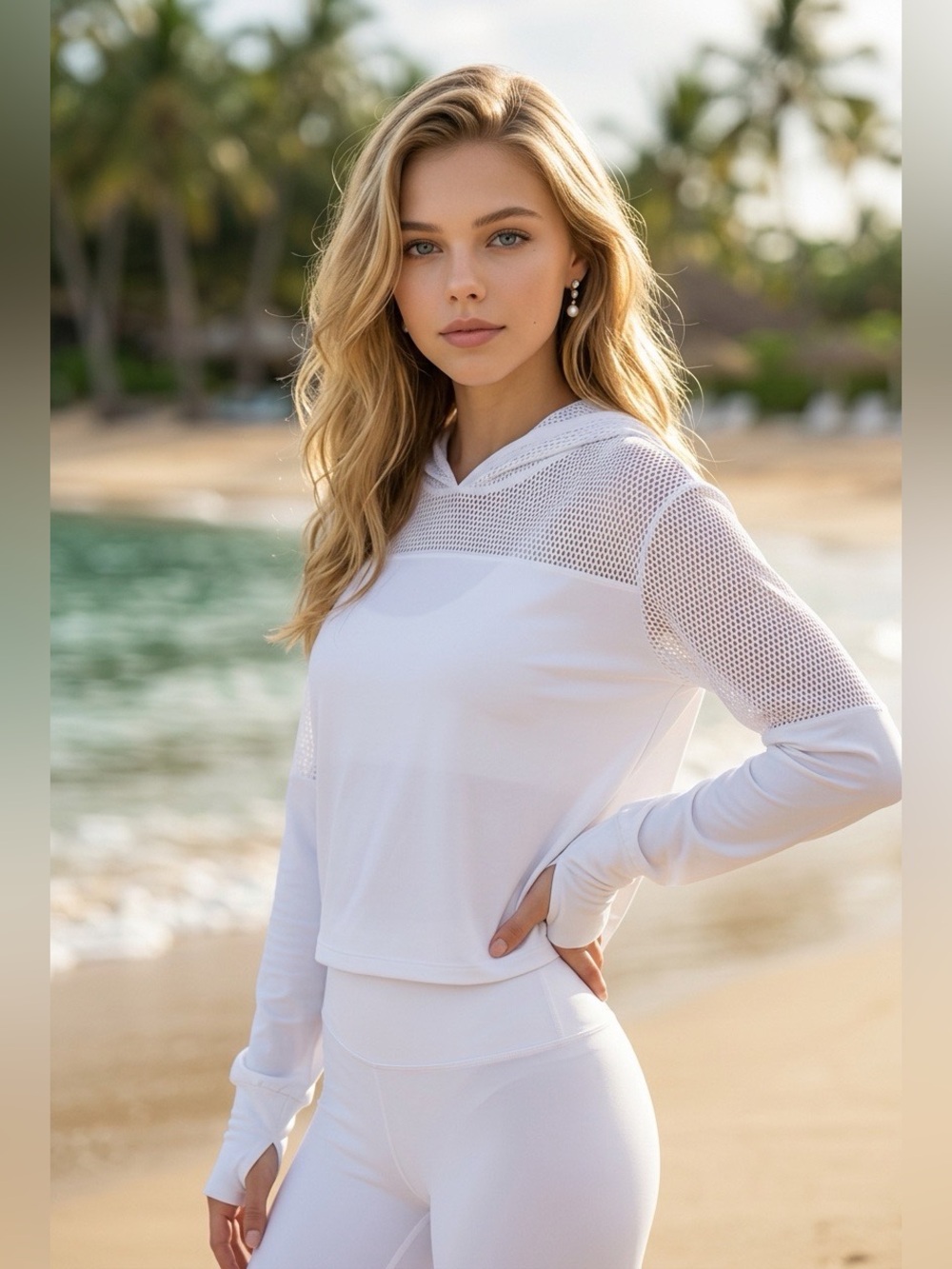 Zella White Mesh-Hooded Long-Sleeve Top